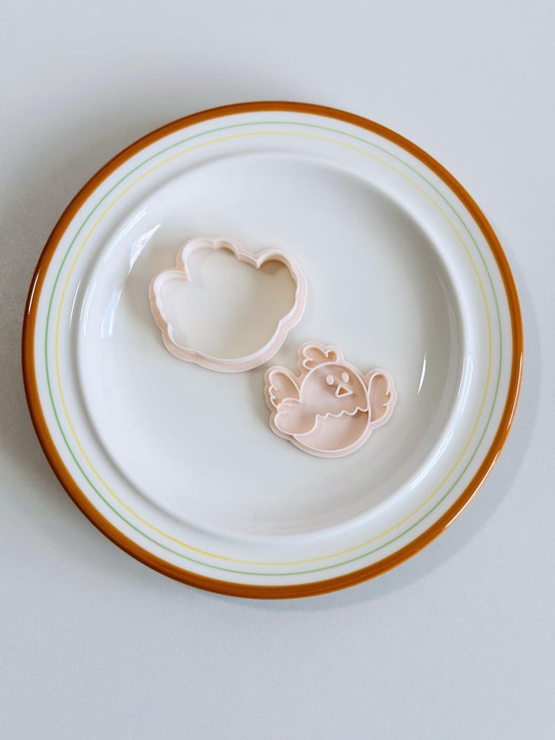 Op de afbeelding: Twee roze plastic koekjessnijders in de vorm van een vogel en een wolk liggen op een witte plaat met een bruine en gele rand. De vogeluitsteker heeft een snavel en vleugels. De wolkenuitsteker is een simpele omtrek.