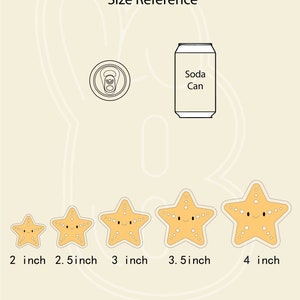 May include: Size reference guide for starfish stickers. Five starfish stickers are shown in different sizes: 2 inches, 2.5 inches, 3 inches, 3.5 inches, and 4 inches. A can of soda is shown for scale.