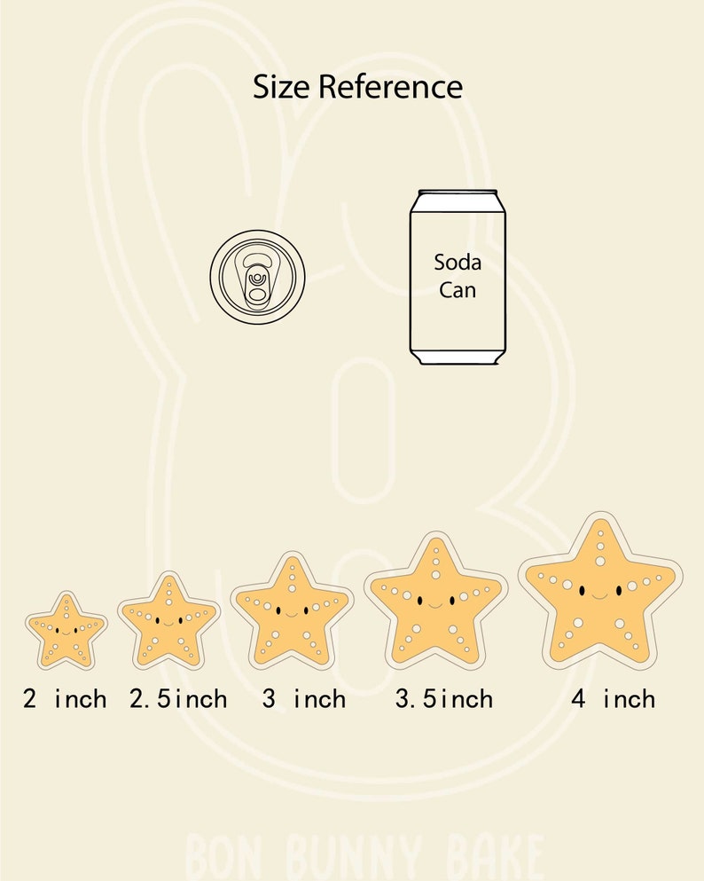 May include: Size reference guide for starfish stickers. Five starfish stickers are shown in different sizes: 2 inches, 2.5 inches, 3 inches, 3.5 inches, and 4 inches. A can of soda is shown for scale.
