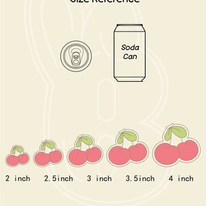 May include: Size reference guide for cherry-shaped cookie cutters. The cutters are shown in five sizes: 2 inches, 2.5 inches, 3 inches, 3.5 inches, and 4 inches. A soda can is shown for scale.