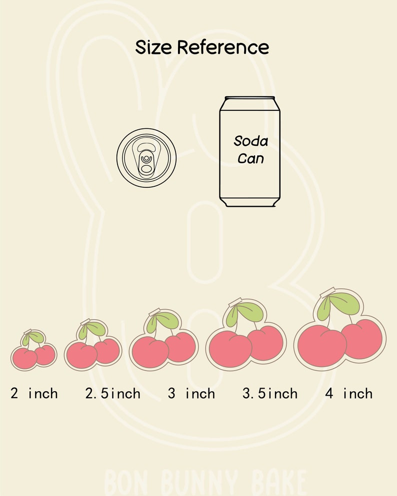 May include: Size reference guide for cherry-shaped cookie cutters. The cutters are shown in five sizes: 2 inches, 2.5 inches, 3 inches, 3.5 inches, and 4 inches. A soda can is shown for scale.