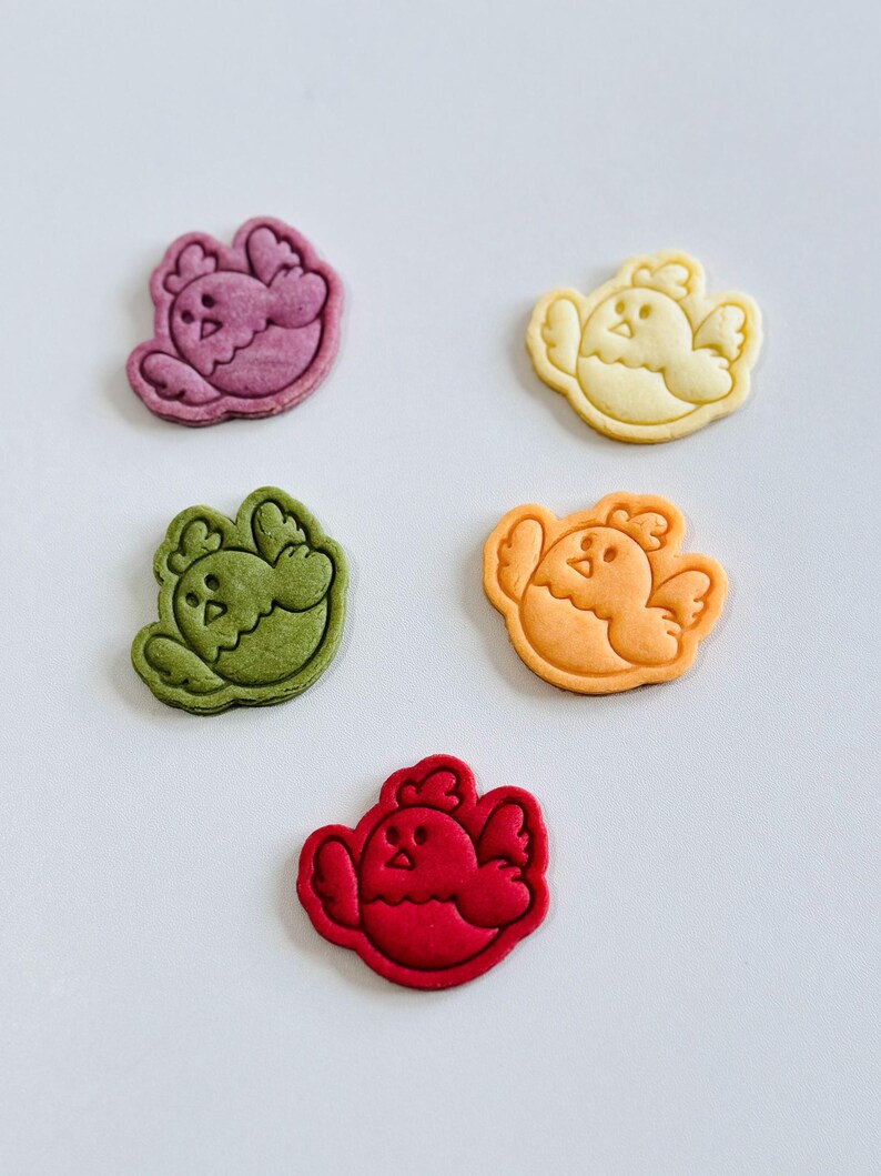 Op de afbeelding: Vijf koekjes in de vorm van kuikens in verschillende kleuren: paars, geel, groen, oranje en rood. Elk koekje heeft een gedetailleerde omtrek en gezichtskenmerken. Deze koekjes zijn waarschijnlijk zelfgemaakt en geschikt voor een lente- of Paasthema.