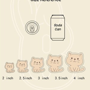 Puede incluir: Una gu&iacute;a de tallas para cortadores de galletas con forma de gato, de 5 cm a 10 cm. La imagen tambi&eacute;n incluye un contorno de lata de refresco y un contorno de tapa de lata. El texto "Size Reference" y "Soda Can" son visibles.