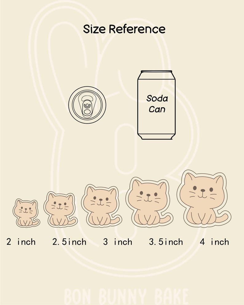 Puede incluir: Una gu&iacute;a de tallas para cortadores de galletas con forma de gato, de 5 cm a 10 cm. La imagen tambi&eacute;n incluye un contorno de lata de refresco y un contorno de tapa de lata. El texto "Size Reference" y "Soda Can" son visibles.