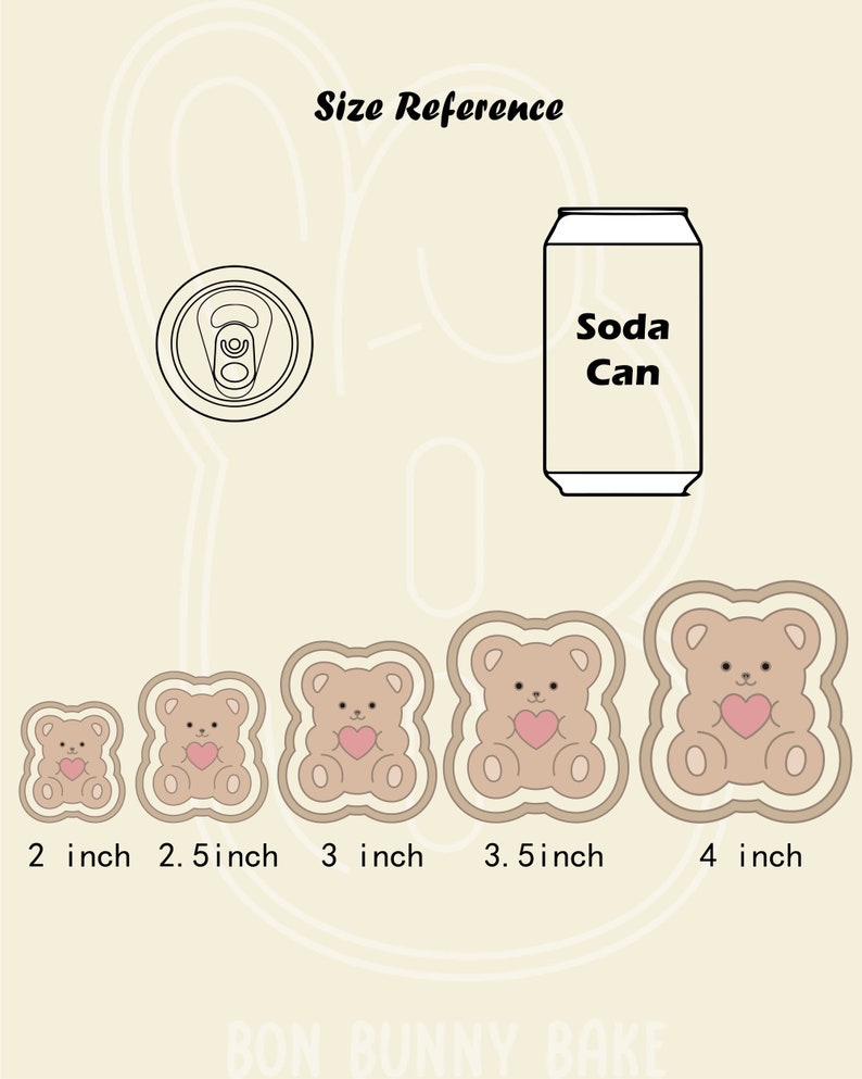 May include: Size reference guide for bear-shaped cookie cutters. The cutters are shown in five sizes: 2 inches, 2.5 inches, 3 inches, 3.5 inches, and 4 inches. Each cutter features a brown bear with a pink heart.