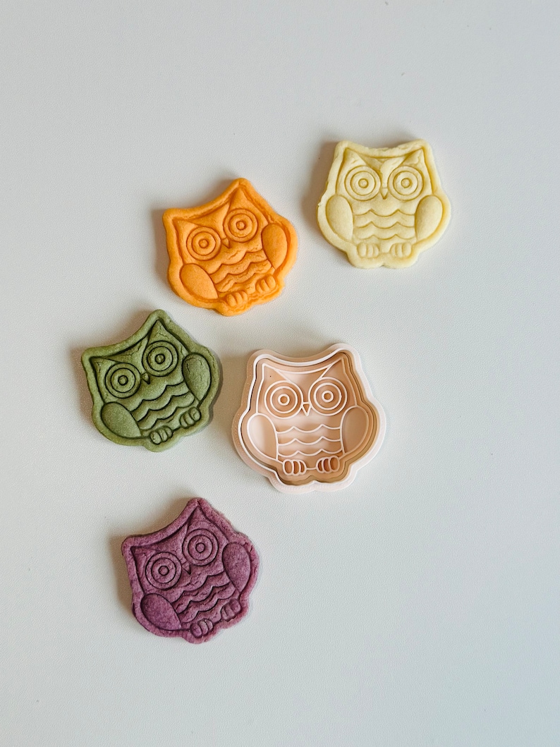 May include: Five owl-shaped cookie cutters, two are orange, one is green, one is purple, and one is white. The cutters are on a white surface.