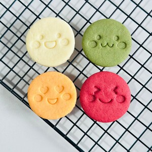 May include: Four round cookies with smiling faces on a black wire rack. The cookies are yellow, green, orange, and red. The cookies have a cute, playful design.