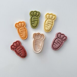 May include: Six carrot-shaped cookie cutters in various colors, including green, yellow, orange, and red. One of the cutters is white and appears to be made of plastic.