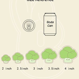 May include: Size reference guide for broccoli cookie cutters. The cutters are shown in five sizes: 2 inches, 2.5 inches, 3 inches, 3.5 inches, and 4 inches. A soda can is shown for scale.