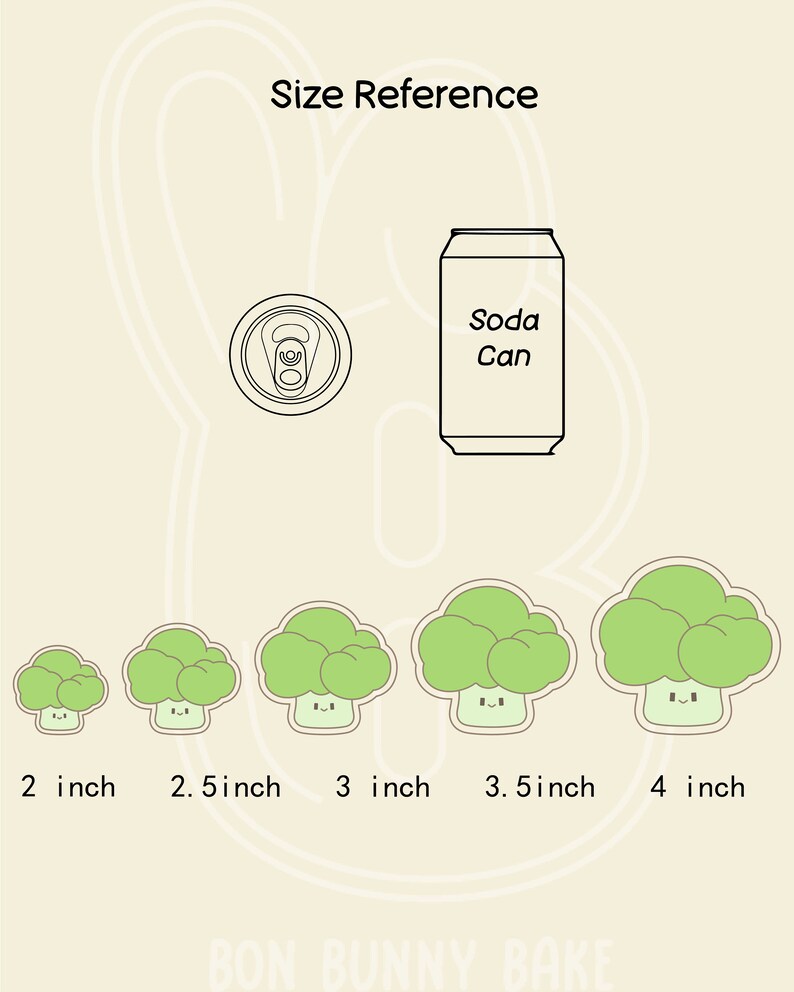 May include: Size reference guide for broccoli cookie cutters. The cutters are shown in five sizes: 2 inches, 2.5 inches, 3 inches, 3.5 inches, and 4 inches. A soda can is shown for scale.