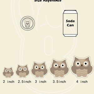 May include: Size reference guide for owl cookie cutters. Five different sizes of owl cookie cutters are shown, ranging from 2 inches to 4 inches in diameter. A soda can is shown for scale.