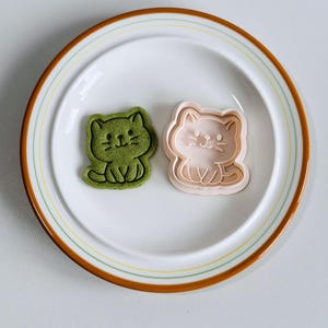 Puede incluir: Un plato blanco con borde marr&oacute;n y rayas verdes y amarillas contiene dos objetos con forma de gato. Uno es una galleta verde y el otro un cortador de galletas rosa. Los gatos est&aacute;n sentados con rasgos sencillos.