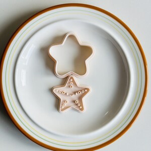May include: Two plastic cookie cutters in the shape of stars on a white plate with a brown rim. The top star is plain and the bottom star has a face and dots.