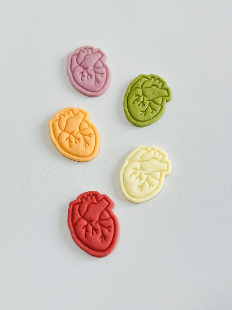May include: Five heart-shaped cookies in different colors: pink, green, orange, yellow, and red. Each cookie has a detailed anatomical heart design.