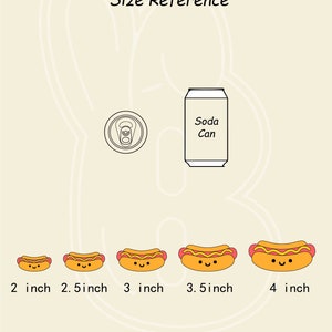 May include: Size reference guide for hot dog-shaped cookies. The guide shows five hot dog cookies in different sizes, ranging from 2 inches to 4 inches. A soda can is shown for scale.