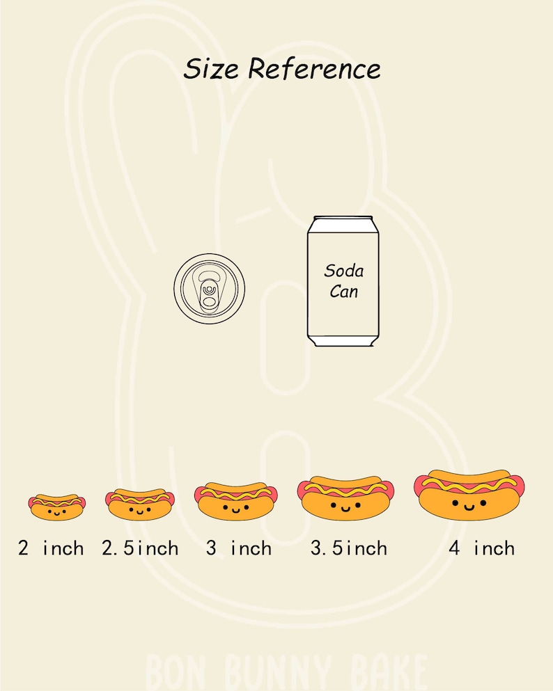May include: Size reference guide for hot dog-shaped cookies. The guide shows five hot dog cookies in different sizes, ranging from 2 inches to 4 inches. A soda can is shown for scale.
