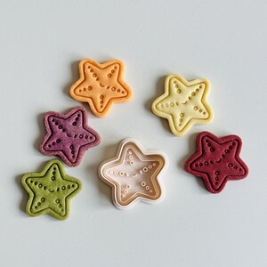 May include: Five colourful star-shaped cookies with a smiling face and a white plastic cookie cutter in the shape of a star with a smiling face.