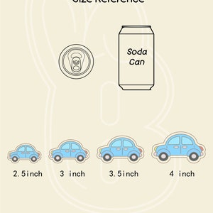 May include: Size reference guide for cookie cutters, showing four different sizes of blue car cookie cutters, ranging from 2.5 inches to 4 inches, and a soda can for scale.