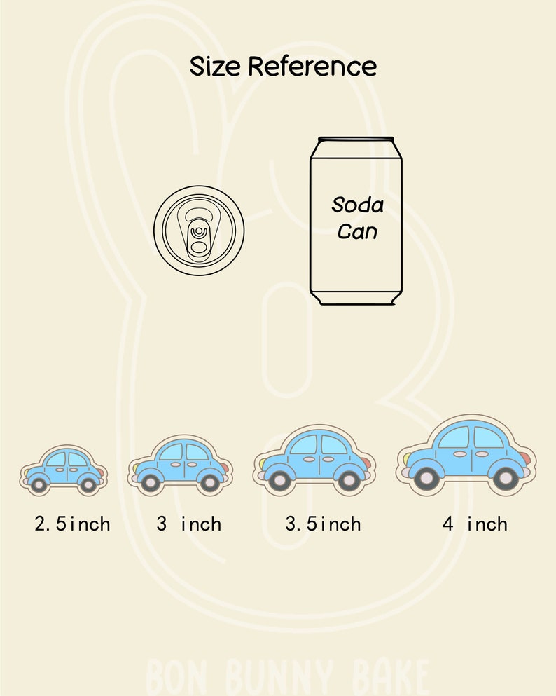 May include: Size reference guide for cookie cutters, showing four different sizes of blue car cookie cutters, ranging from 2.5 inches to 4 inches, and a soda can for scale.
