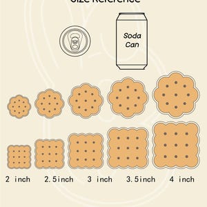 May include: A size reference guide for cookie cutters, showing the size of each cutter in inches, next to a soda can. The cutters are shaped like a flower, a square, and a circle.