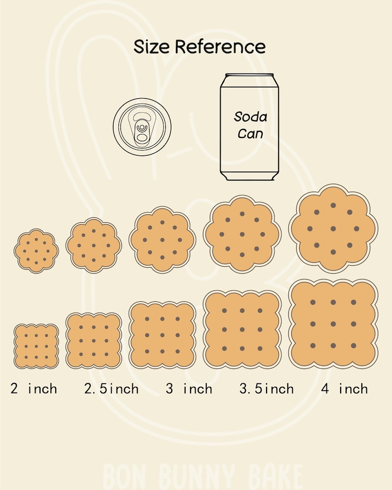 May include: A size reference guide for cookie cutters, showing the size of each cutter in inches, next to a soda can. The cutters are shaped like a flower, a square, and a circle.