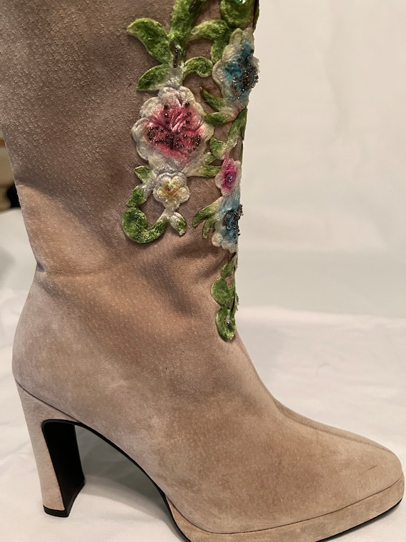 Light Tan Suede Upcycled Embroidered Boot - image 2