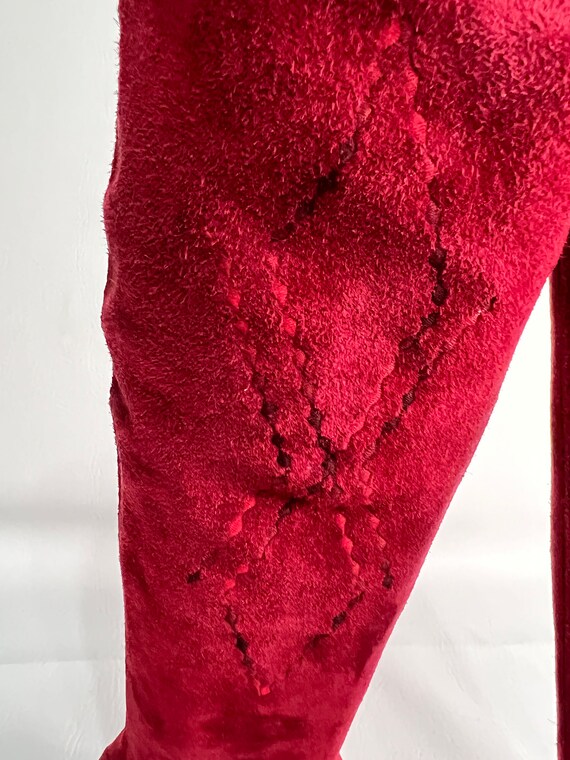 Red Suede Embroidered Knee Boots - image 10