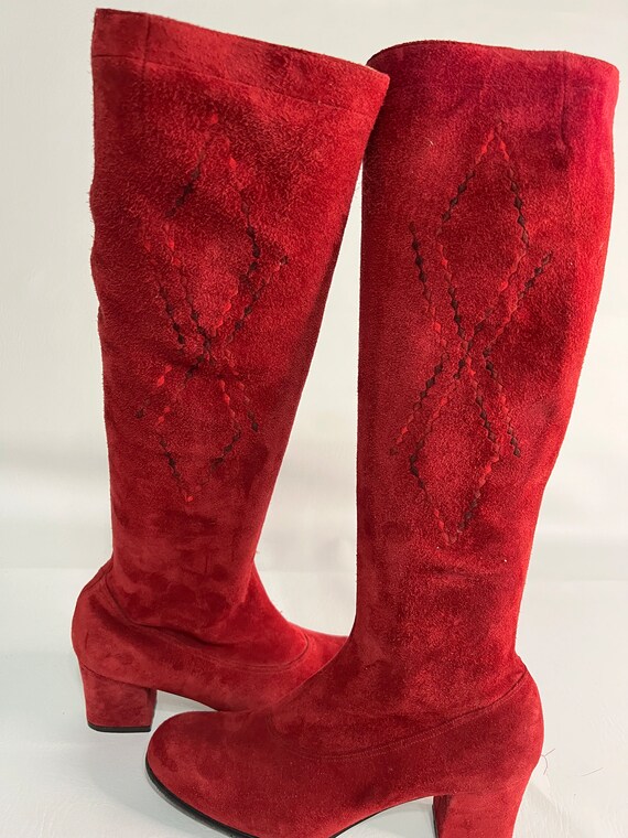 Red Suede Embroidered Knee Boots - image 3