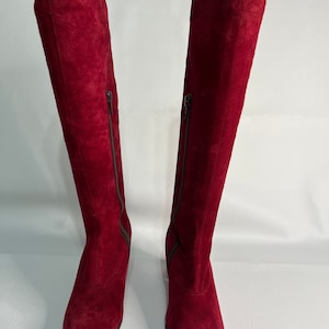 Red Suede Embroidered Knee Boots