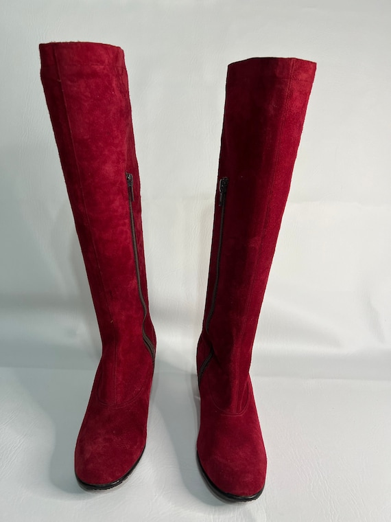 Vintage 60s 70s Red Suede Lace Up Knee High Boots by Battani, size 7-7.5