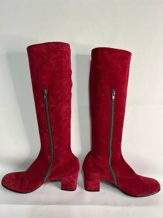 Red Suede Embroidered Knee Boots - image 7