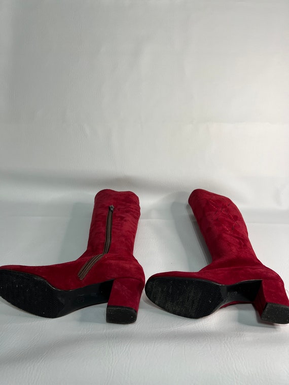 Red Suede Embroidered Knee Boots - image 6