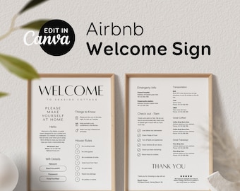 Letrero y folleto de bienvenida de Airbnb en la playa, plantilla de manual de alquiler vacacional, póster de llegada de huéspedes, Vrbo, Canva, anfitriones de Airbnb, normas de la casa EG2