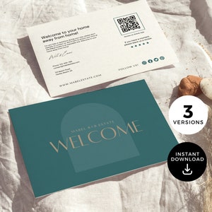 Modèle de carte de bienvenue Airbnb, carte de bienvenue Vrbo, carte d'hôte, carte postale de bienvenue, carte d'évaluation de l'hôte, location à court terme, toile, vert moderne EG2