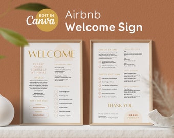 Peut inclure: Une pancarte de bienvenue pour une location Airbnb avec un schéma de couleurs or et blanc. La pancarte comprend des informations sur les heures d'arrivée et de départ, les coordonnées d'urgence, le règlement intérieur et les détails du wifi. La pancarte comprend également un message de remerciement et une note de cinq étoiles.