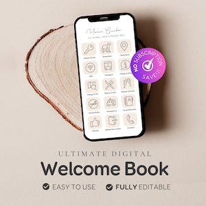 Peut inclure: Un smartphone affichant un modèle de livre d'accueil numérique avec des icônes beiges et du texte incluant Check In/Out, Amenities, Directions, WiFi, Transport, Things to Know, Things to Do, Places to Eat, Places to Drink, House Rules, Emergency, Local Directory, Review, Before You Leave et Contact. Un badge circulaire rose indique NO SUBSCRIPTION SAVE!!!