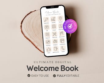 May include: A smartphone displaying a digital welcome book template with beige icons and text including Check In/Out, Amenities, Directions, WiFi, Transport, Things to Know, Things to Do, Places to Eat, Places to Drink, House Rules, Emergency, Local Directory, Review, Before You Leave, and Contact. A pink circular badge reads NO SUBSCRIPTION SAVE!!!
