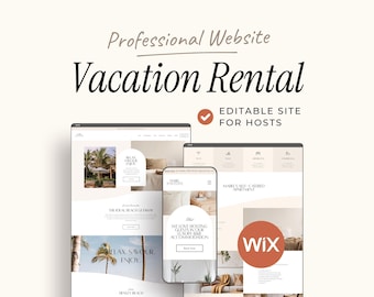 May include: A digital template for a professional vacation rental website, featuring the text Professional Website Vacation Rental and Editable Site for Hosts. The design displays a desktop and mobile interface with imagery of beach scenery and interior decor.