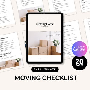 May include: A digital checklist for moving, with a cover image of stacked cardboard boxes and a plant. The checklist is titled "Moving Home Checklist" and includes sections for 8 weeks before the move, 6 weeks before the move, and 4 weeks before the move. The checklist is designed to be edited in Canva and includes 20 pages.