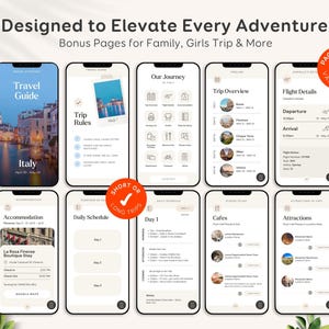 May include: A digital travel guide app shown on several smartphones. The app showcases travel planning screens, including trip rules, daily schedules, and attraction details. The app's interface is mainly beige and white, with images of Italy.