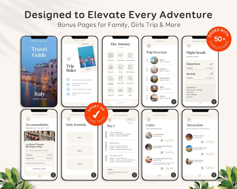 May include: A digital travel guide app shown on several smartphones. The app showcases travel planning screens, including trip rules, daily schedules, and attraction details. The app's interface is mainly beige and white, with images of Italy.