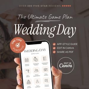 May include: A smartphone screen displays a digital wedding day game plan template with icons for timelines, schedules, and vendor details. Text includes "The Ultimate Game Plan Wedding Day," "App-Style Guide," "Edit in Canva," and "Share as PDF."