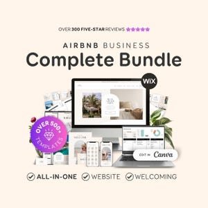 Op de afbeelding: Een advertentie voor een complete Airbnb-businessbundel. De afbeelding toont een computermonitor, laptop en smartphones met website-ontwerpen. Tekst omvat "Meer dan 300 vijfsterrenrecensies", "Alles-in-één", "Website" en "Welkom".