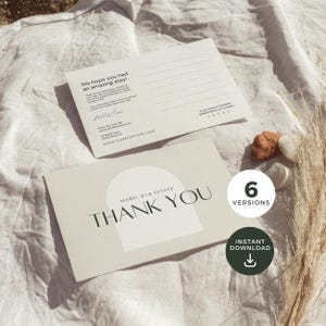 May include: Two postcards. One says "We hope you had an amazing stay!" and the other says "Thank You" with "Mabel B+B Estate" above. The "Thank You" card has a minimalist design with a semi-circle. A button reads "6 Versions" and another says "Instant Download."