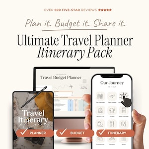 Pode incluir: Um pacote de itinerário de viagem digital exibido em um monitor de computador, um tablet e um smartphone. O texto na tela inclui "Plan it. Budget it. Share it.", "Ultimate Travel Planner Itinerary Pack", "Travel Budget Planner" e "Our Journey".