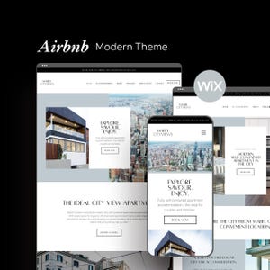 以下が含まれることがあります： 「Airbnb Modern Theme」のテキストが入ったウェブサイトデザインのデジタルモックアップ。都市景観やアパートの建物の画像を使った、クリーンでモダンなデザインです。ウェブサイトは複数のデバイスに表示されています。