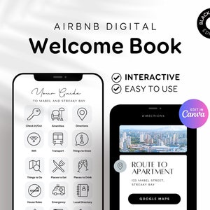 Op de afbeelding: Een digitaal Airbnb welkomstboek in zwart en wit. Het ontwerp bevat een smartphone-mockup met pictogrammen voor voorzieningen en diensten. De tekst bevat "Welcome Book", "Interactive" en "Easy to Use". Bewerken in Canva.