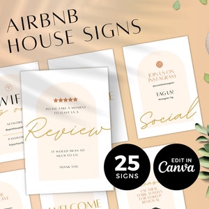 Può includere: Un set di 25 cartelli per case Airbnb stampabili in uno stile minimalista moderno con uno sfondo pesca e dettagli dorati. I cartelli includono istruzioni per il WiFi, una richiesta di recensione, una richiesta di social media e un cartello di benvenuto. I cartelli sono modificabili in Canva.