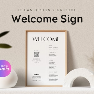Welcome Sign For Airbnb Hosts Wifi Welcome Sign Qr Code Sign, Vacation Rental Digital Guide Sign Editable Template Canva Printable Vrbo EG02