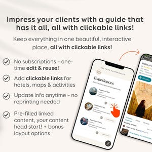 May include: Two smartphones showcasing a travel guide interface with clickable links. The screens display interactive content for hotels, maps, and activities. The guide offers a one-time edit and reuse option, with pre-filled content and bonus layout options.